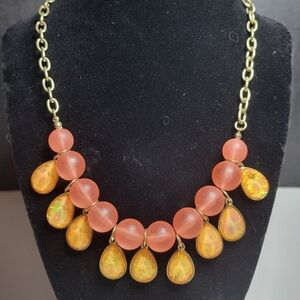 Stunning Pink Coral Glass Faceted Yellow Fire Beads Adjust Gold Chain Necklace